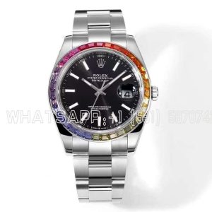 Rolex Datejust 41 Black Dial Stick Markers with Rainbow Diamond Bezel JVS Factory