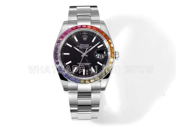 Rolex Datejust 41 Black Dial Stick Markers with Rainbow Diamond Bezel JVS Factory