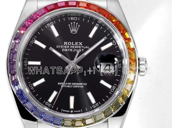 Rolex Datejust 41 Black Dial Stick Markers with Rainbow Diamond Bezel JVS Factory