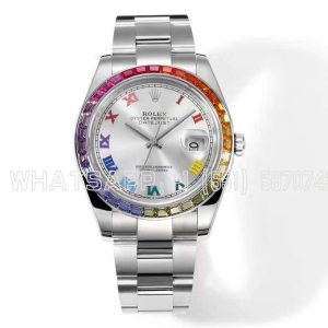 Rolex Datejust 41 Silver Dial Roman Markers with Rainbow Diamond Bezel JVS Factory