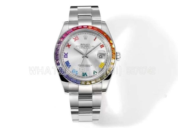 Rolex Datejust 41 Silver Dial Roman Markers with Rainbow Diamond Bezel JVS Factory