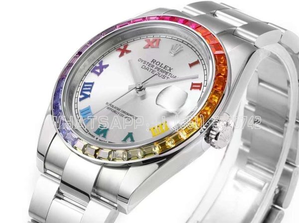 Rolex Datejust 41 Silver Dial Roman Markers with Rainbow Diamond Bezel JVS Factory