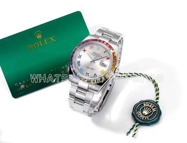 Rolex Datejust 41 Silver Dial Roman Markers with Rainbow Diamond Bezel JVS Factory