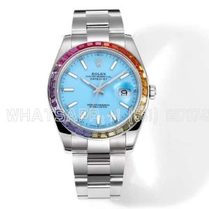 Rolex Datejust 41 Tiffany Blue Dial Stick Markers with Rainbow Diamond Bezel JVS Factory