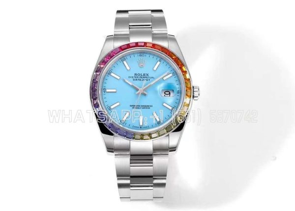 Rolex Datejust 41 Tiffany Blue Dial Stick Markers with Rainbow Diamond Bezel JVS Factory