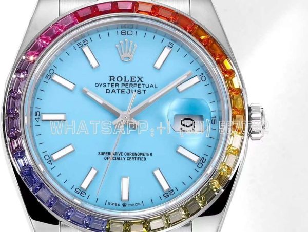 Rolex Datejust 41 Tiffany Blue Dial Stick Markers with Rainbow Diamond Bezel JVS Factory