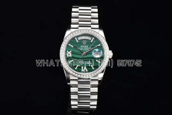 Rolex Day-Date 36 128236 Malachite Diamond Roman Dial and Diamond Bezel in stainless steels CS Factory