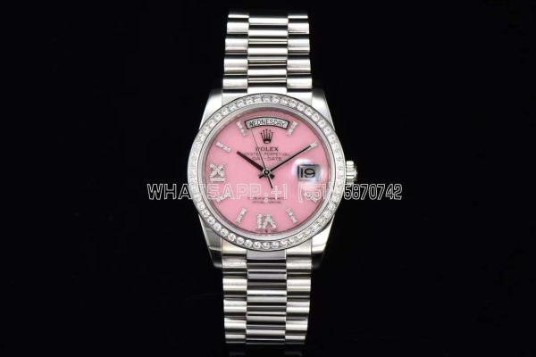 Rolex Day-Date 36 128236 Pink Opal Dial with Roman Marker and Diamond Bezel in stainless steels CS Factory