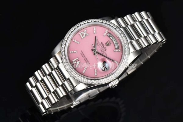 Rolex Day-Date 36 128236 Pink Opal Dial with Roman Marker and Diamond Bezel in stainless steels CS Factory