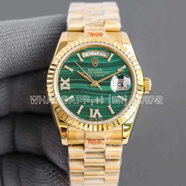 Rolex Day-Date 36 128238 Malachite Diamond Roman Dial in Yellow Gold GMF