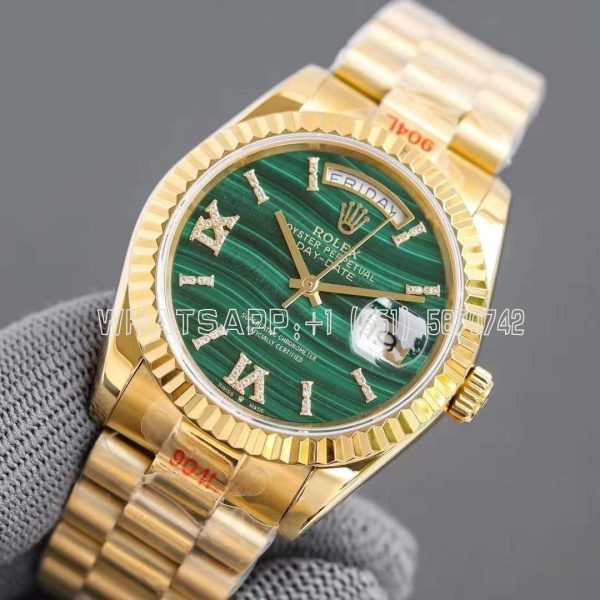 Rolex Day-Date 36 128238 Malachite Diamond Roman Dial in Yellow Gold GMF