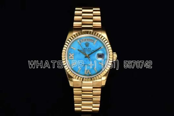 Rolex Day-Date 36 128238 Turquoise Diamond Roman Dial in Yellow Gold