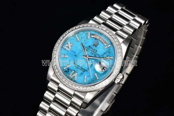 Rolex Day-Date 36 Turquoise Diamond Roman Dial Diamond Bezel in stainless steels CS Factory