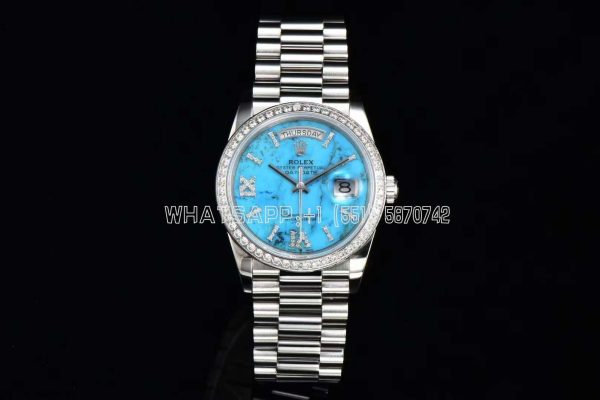 Rolex Day-Date 36 Turquoise Diamond Roman Dial Diamond Bezel in stainless steels CS Factory