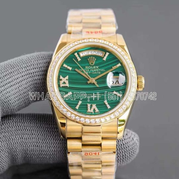 Rolex Day-Date 36mm Malachite Diamond Roman Dial and Diamond Bezel in Yellow Gold GMF