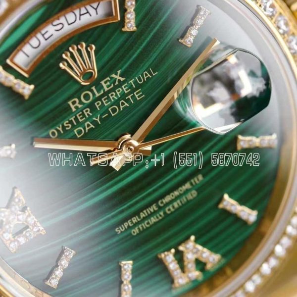 Rolex Day-Date 36mm Malachite Diamond Roman Dial and Diamond Bezel in Yellow Gold GMF