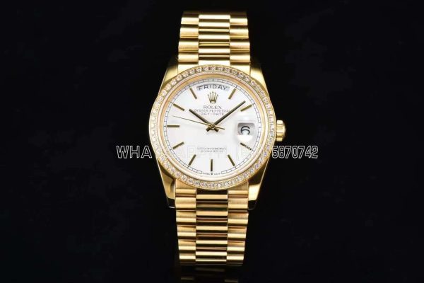 Rolex Day-Date 36mm White Dial and Diamond Bezel Yellow Gold