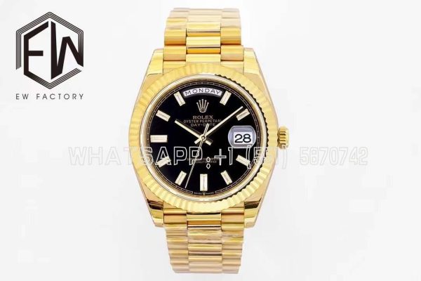 Rolex Day-Date 40mm EWF YG Black Dial Diamond Markers Swiss 2836