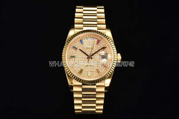 Rolex Day-Date New 2023 36 Pave Diamond Rainbow 128238 Yellow Gold CS Factory