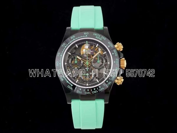 Rolex Daytona Blaken Daytona Skeleton Dial in PVD on Avocado Green Rubber Strap
