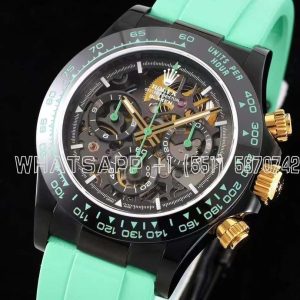 Rolex Daytona Blaken Daytona Skeleton Dial in PVD on Avocado Green Rubber Strap