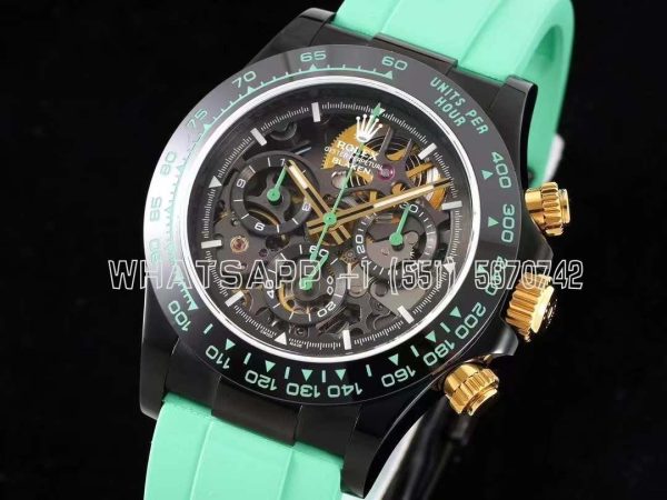 Rolex Daytona Blaken Daytona Skeleton Dial in PVD on Avocado Green Rubber Strap