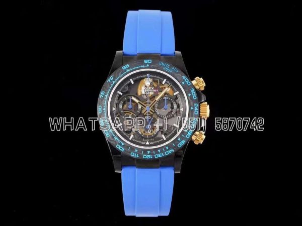 Rolex Daytona Blaken Daytona Skeleton Dial in PVD on Blue Rubber Strap