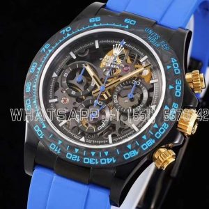 Rolex Daytona Blaken Daytona Skeleton Dial in PVD on Blue Rubber Strap