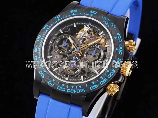 Rolex Daytona Blaken Daytona Skeleton Dial in PVD on Blue Rubber Strap