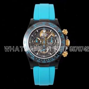 Rolex Daytona Blaken Daytona Skeleton Dial in PVD on Cyan Rubber Strap