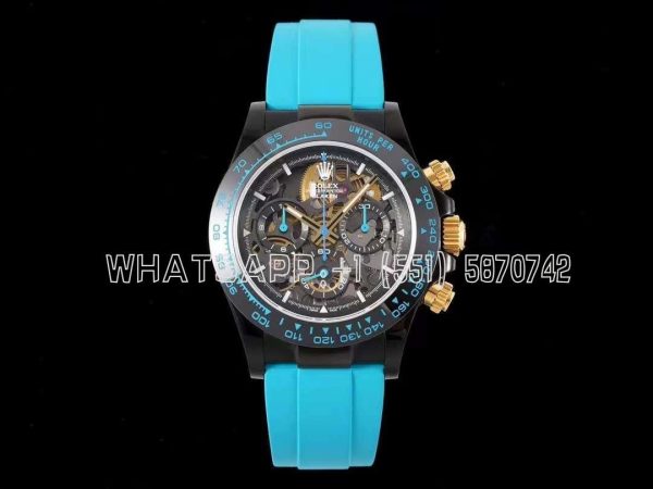 Rolex Daytona Blaken Daytona Skeleton Dial in PVD on Cyan Rubber Strap