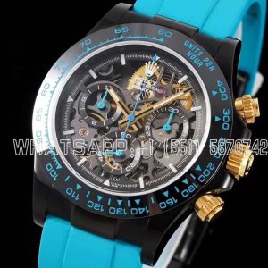 Rolex Daytona Blaken Daytona Skeleton Dial in PVD on Cyan Rubber Strap