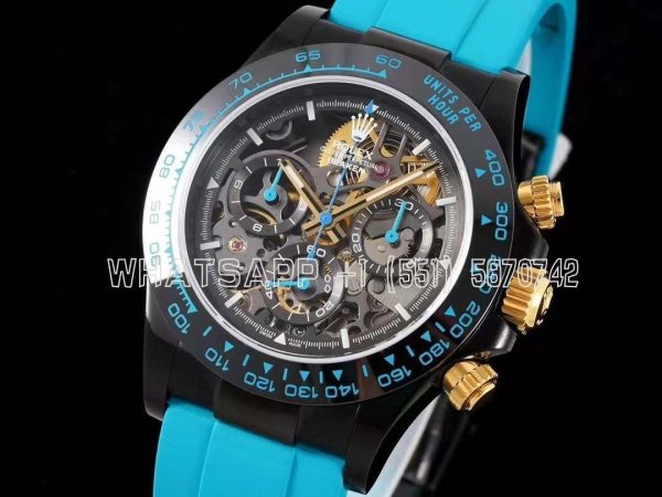 Rolex Daytona Blaken Daytona Skeleton Dial in PVD on Cyan Rubber Strap