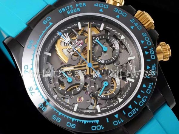 Rolex Daytona Blaken Daytona Skeleton Dial in PVD on Cyan Rubber Strap - Image 3