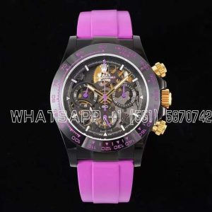 Rolex Daytona Blaken Daytona Skeleton Dial in PVD on Purple Rubber Strap