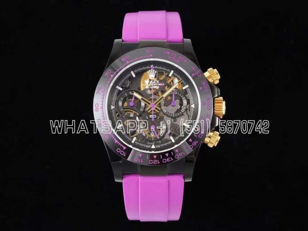 Rolex Daytona Blaken Daytona Skeleton Dial in PVD on Purple Rubber Strap