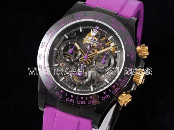 Rolex Daytona Blaken Daytona Skeleton Dial in PVD on Purple Rubber Strap