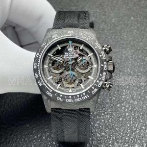 Rolex Daytona DIW Skeleton Dial in Carbon with Blue Hands on Black Nylon Strap