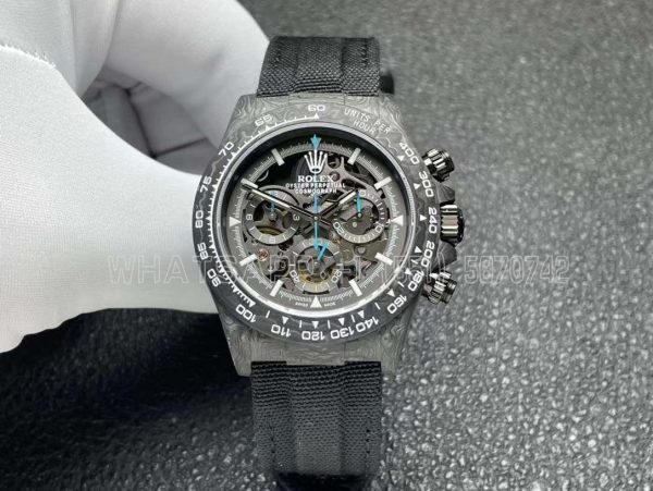 Rolex Daytona DIW Skeleton Dial in Carbon with Blue Hands on Black Nylon Strap