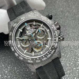 Rolex Daytona DIW Skeleton Dial in Carbon with Blue Hands on Black Nylon Strap