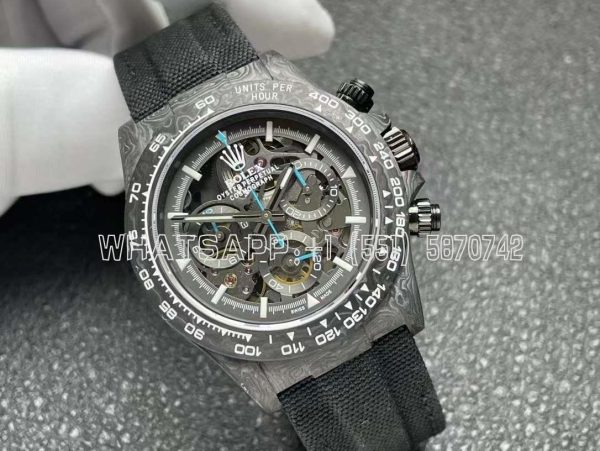 Rolex Daytona DIW Skeleton Dial in Carbon with Blue Hands on Black Nylon Strap