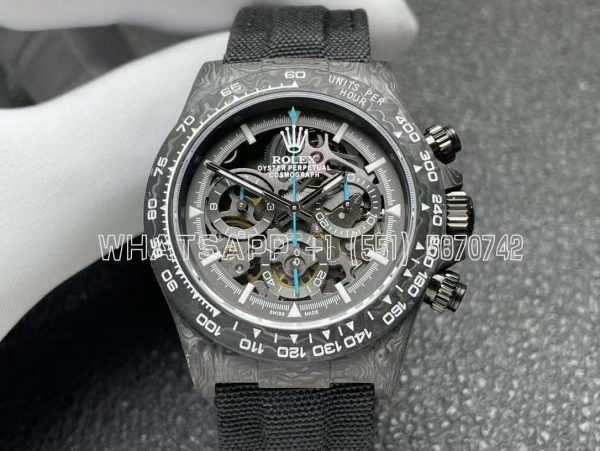 Rolex Daytona DIW Skeleton Dial in Carbon with Blue Hands on Black Nylon Strap