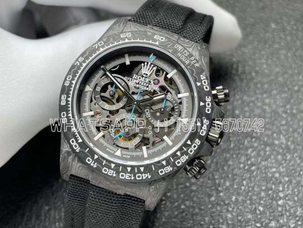 Rolex Daytona DIW Skeleton Dial in Carbon with Blue Hands on Black Nylon Strap