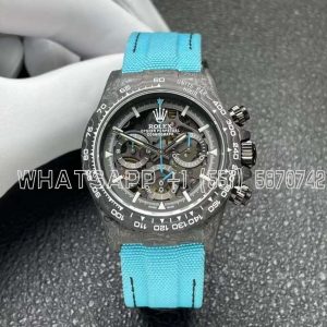 Rolex Daytona DIW Skeleton Dial in Carbon with Blue Hands on Blue Nylon Strap