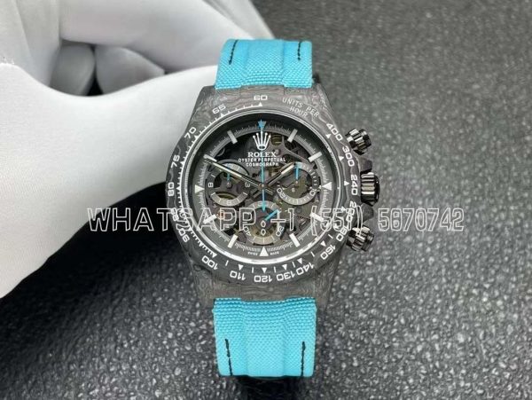 Rolex Daytona DIW Skeleton Dial in Carbon with Blue Hands on Blue Nylon Strap