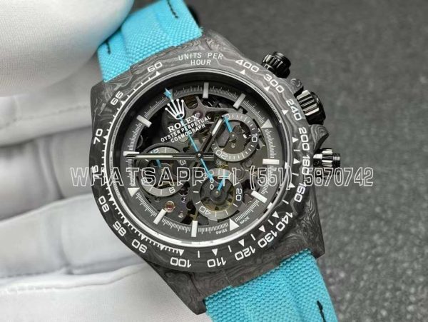 Rolex Daytona DIW Skeleton Dial in Carbon with Blue Hands on Blue Nylon Strap