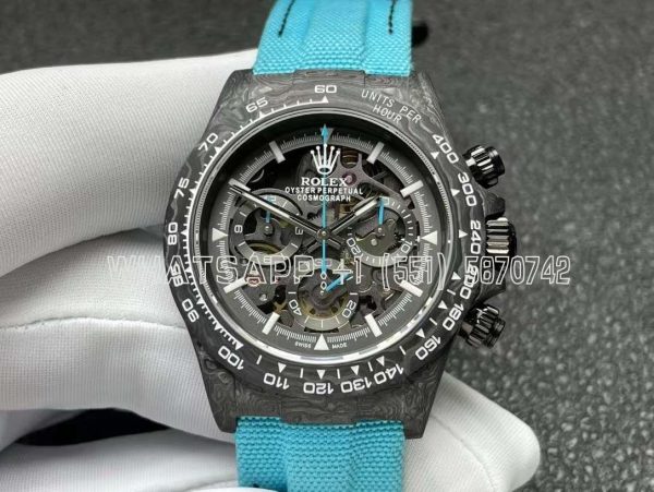 Rolex Daytona DIW Skeleton Dial in Carbon with Blue Hands on Blue Nylon Strap