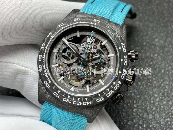 Rolex Daytona DIW Skeleton Dial in Carbon with Blue Hands on Blue Nylon Strap