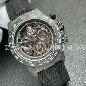 Rolex Daytona DIW Skeleton Dial in Carbon with Red Hands on Black Nylon Strap