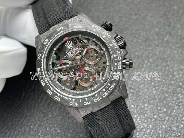 Rolex Daytona DIW Skeleton Dial in Carbon with Red Hands on Black Nylon Strap